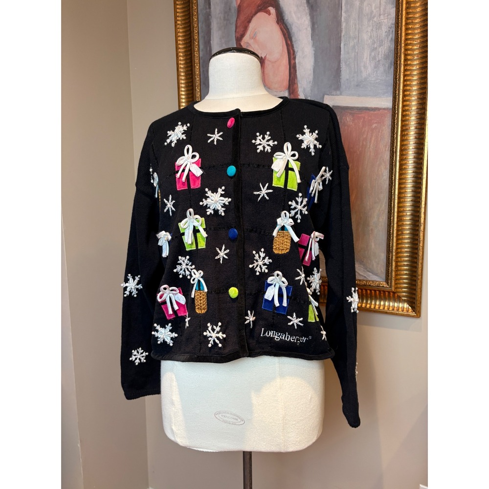 Vintage Longaberger Homestead Christmas Cardigan Sweater Black Embroidered Large